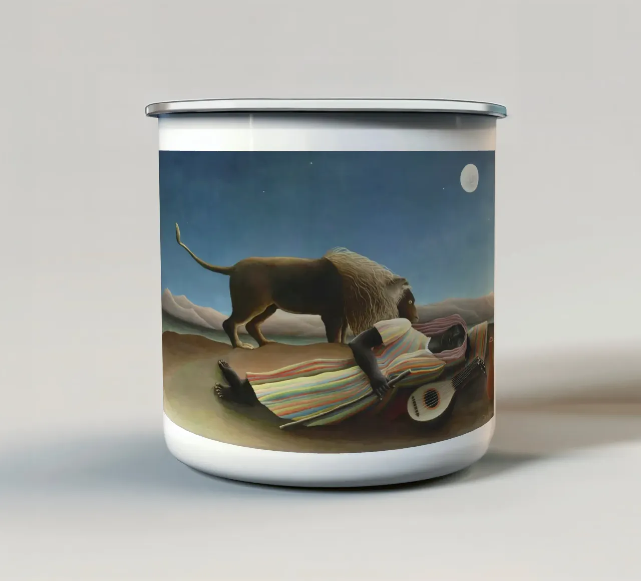 La zingara addormentata di Henri Rousseau (1897) tazza in smalto da Venus Art