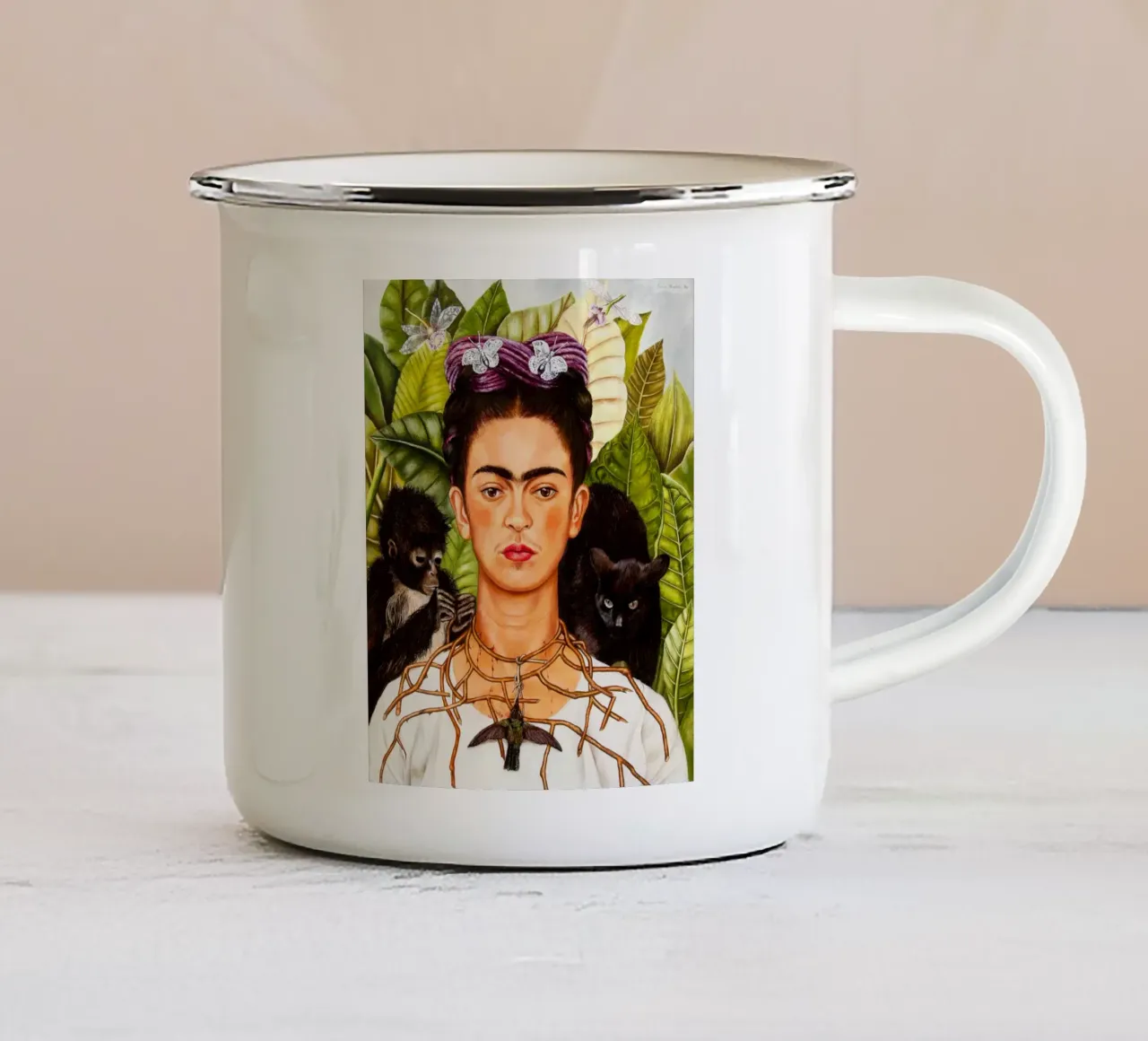 Frida Khalo Selfportrait with thorn necklace and hummingbird tazza in smalto da Venus Art