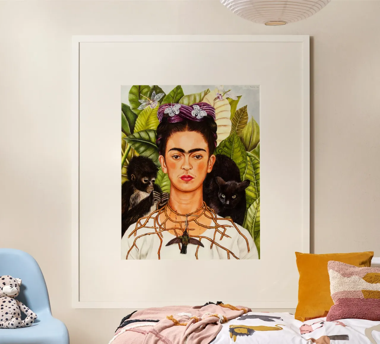 Frida Khalo Selfportrait with thorn necklace and hummingbird poster con telaio in legno da Venus Art