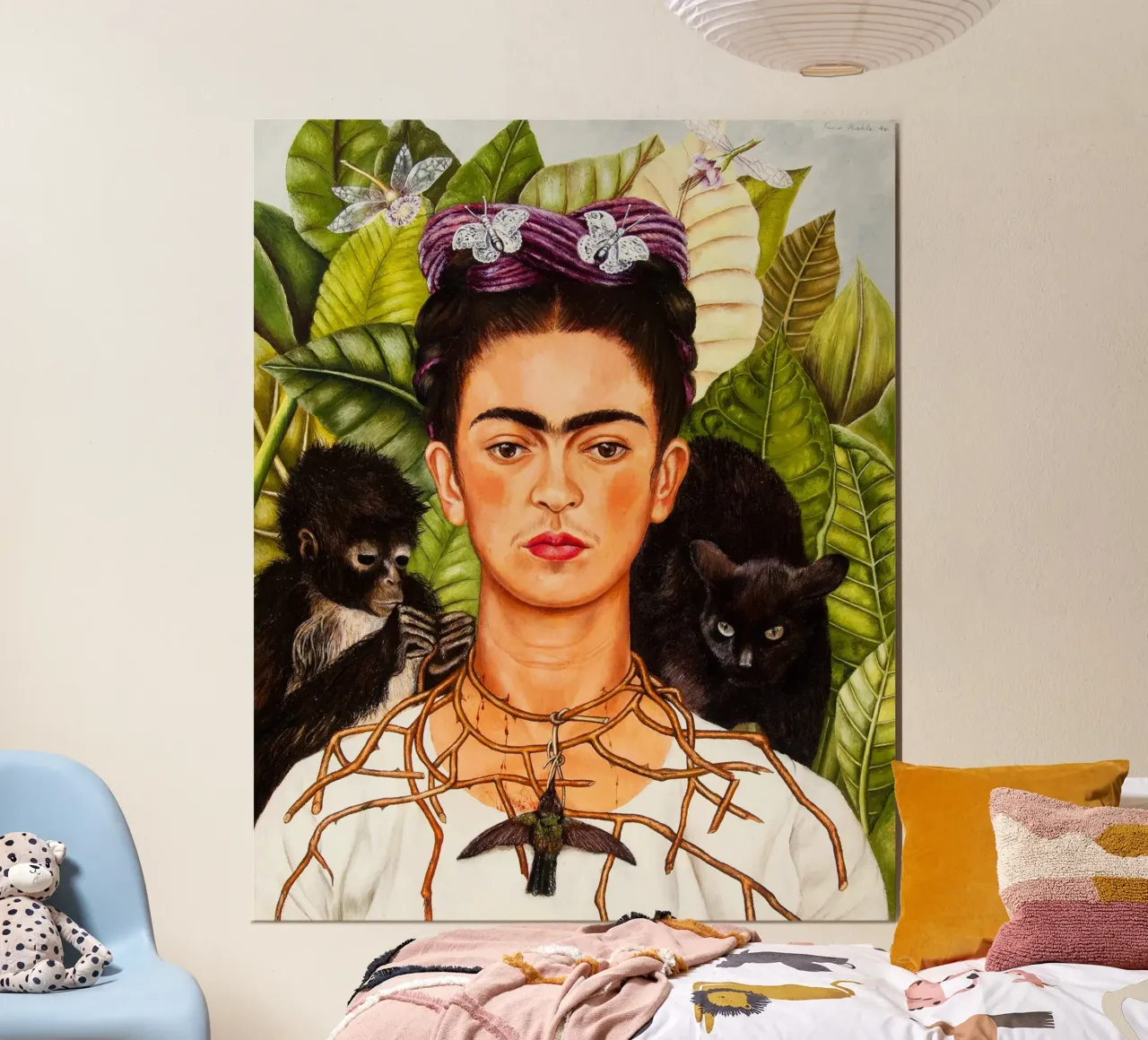 Frida Khalo Selfportrait with thorn necklace and hummingbird poster con telaio in legno da Venus Art
