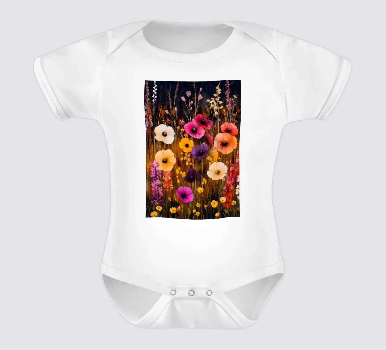 Meadow full of flowers short-sleeve baby romper by Justyna Jaszke JBJart