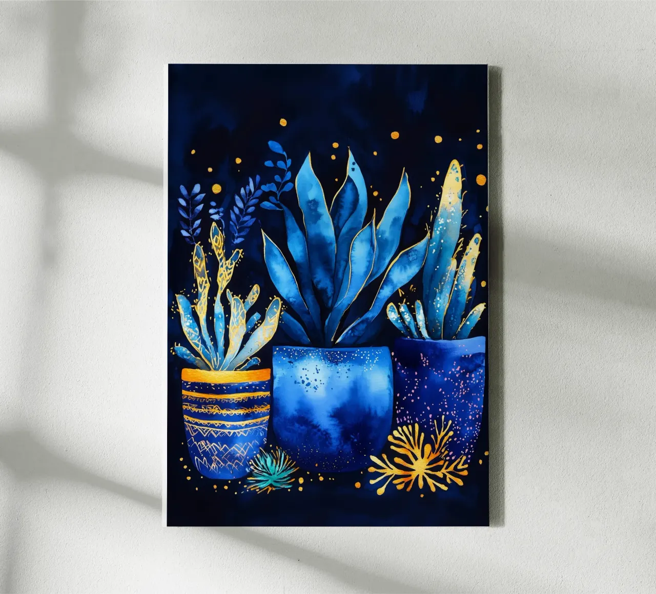 Piante in vaso blu tela con Cornice a cassetta da Justyna Jaszke JBJart