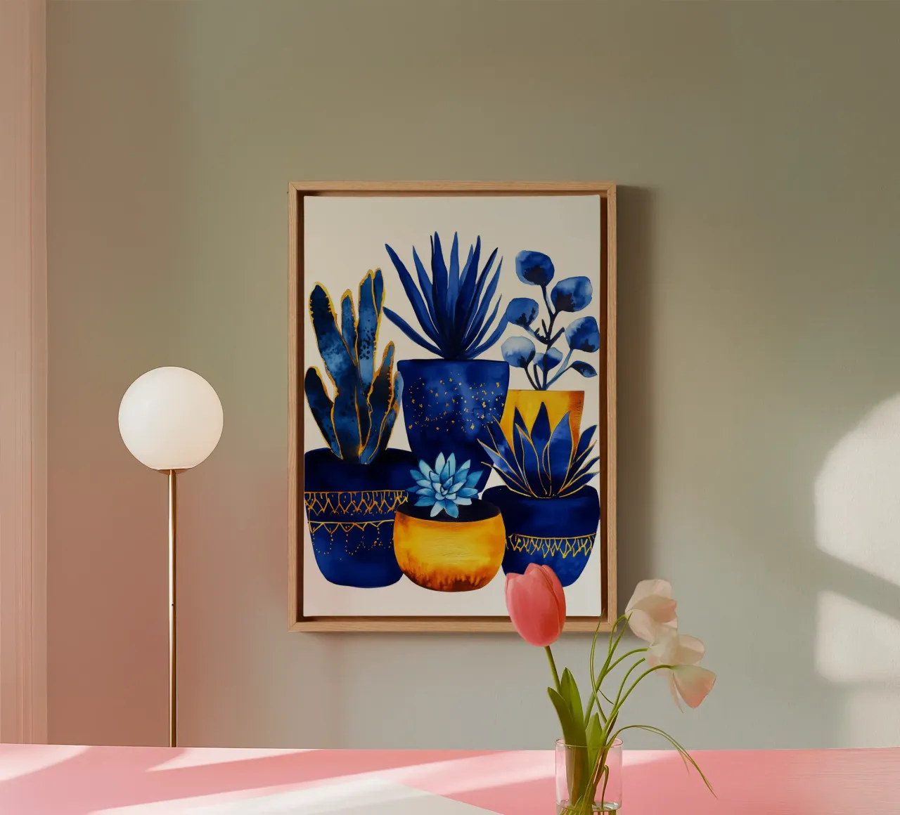 Piante in vaso blu tela con Cornice a cassetta da Justyna Jaszke JBJart