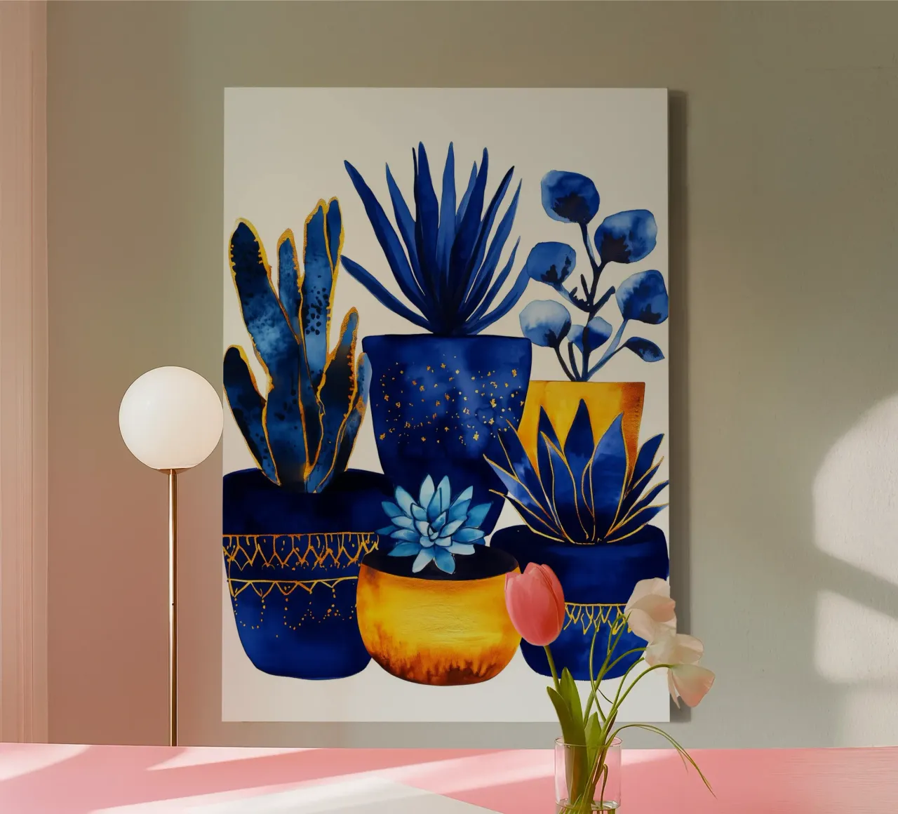 Piante in vaso blu tela con Cornice a cassetta da Justyna Jaszke JBJart