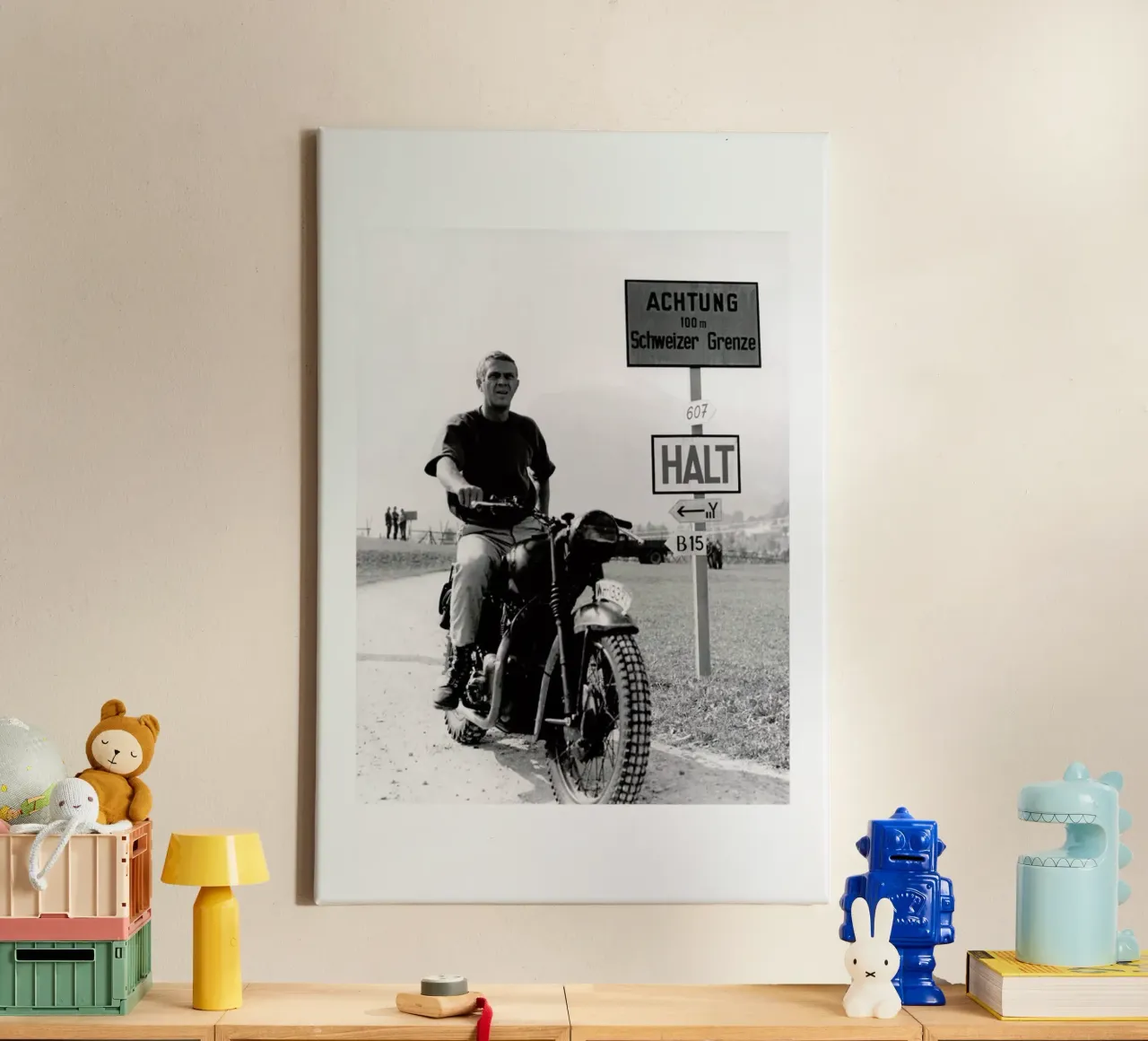 Steve McQueen "The Great Escape" 1963 canvas with Floater frame by Gallery Print and Art Limited
