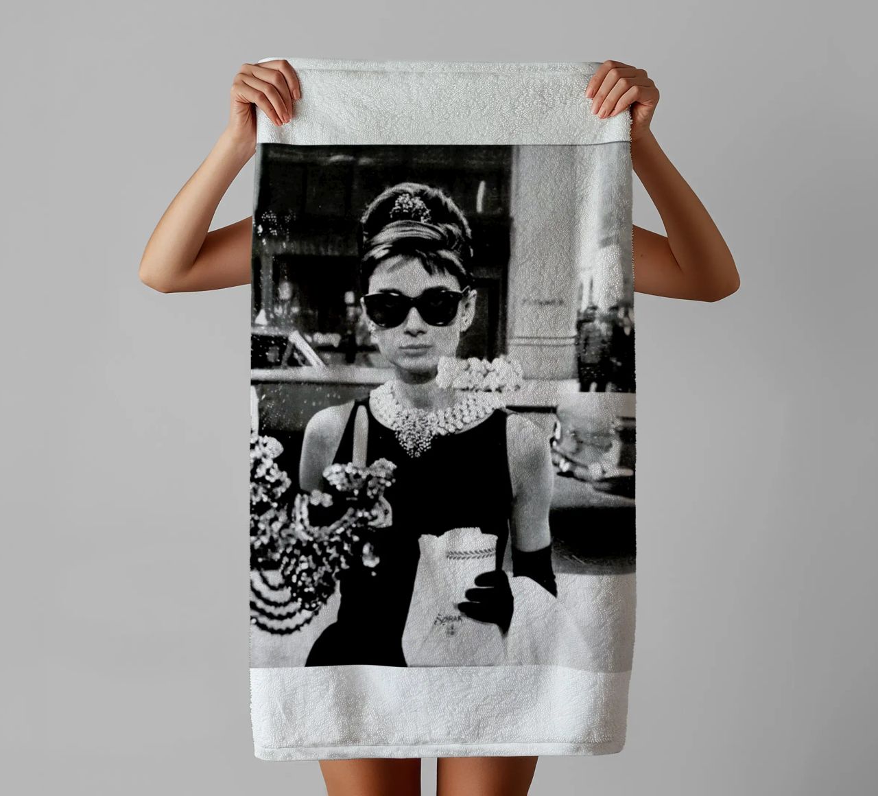 Audrey Hepburn in Breakfast at Tiffany's, 1961 towel by Gallery Print and Art Limited