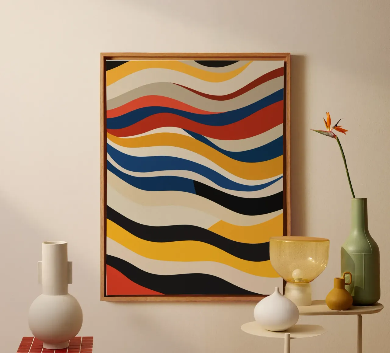 Wavy stripe bauhaus tri color canvas with Floater frame by Little Dean