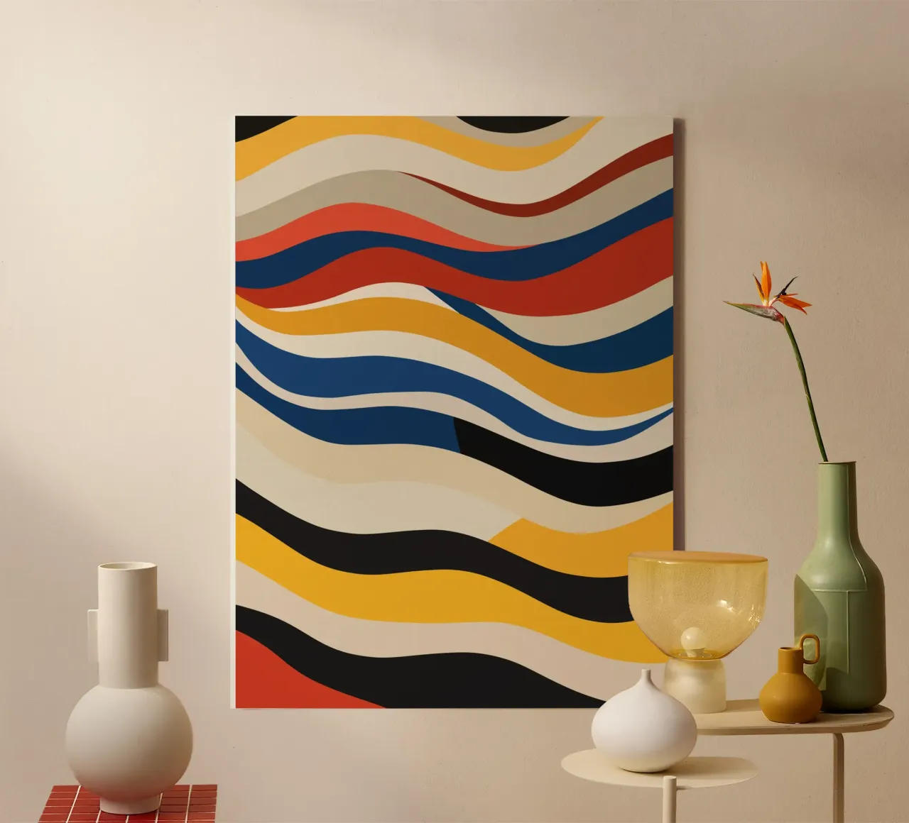 Wavy stripe bauhaus tri color canvas with Floater frame by Little Dean