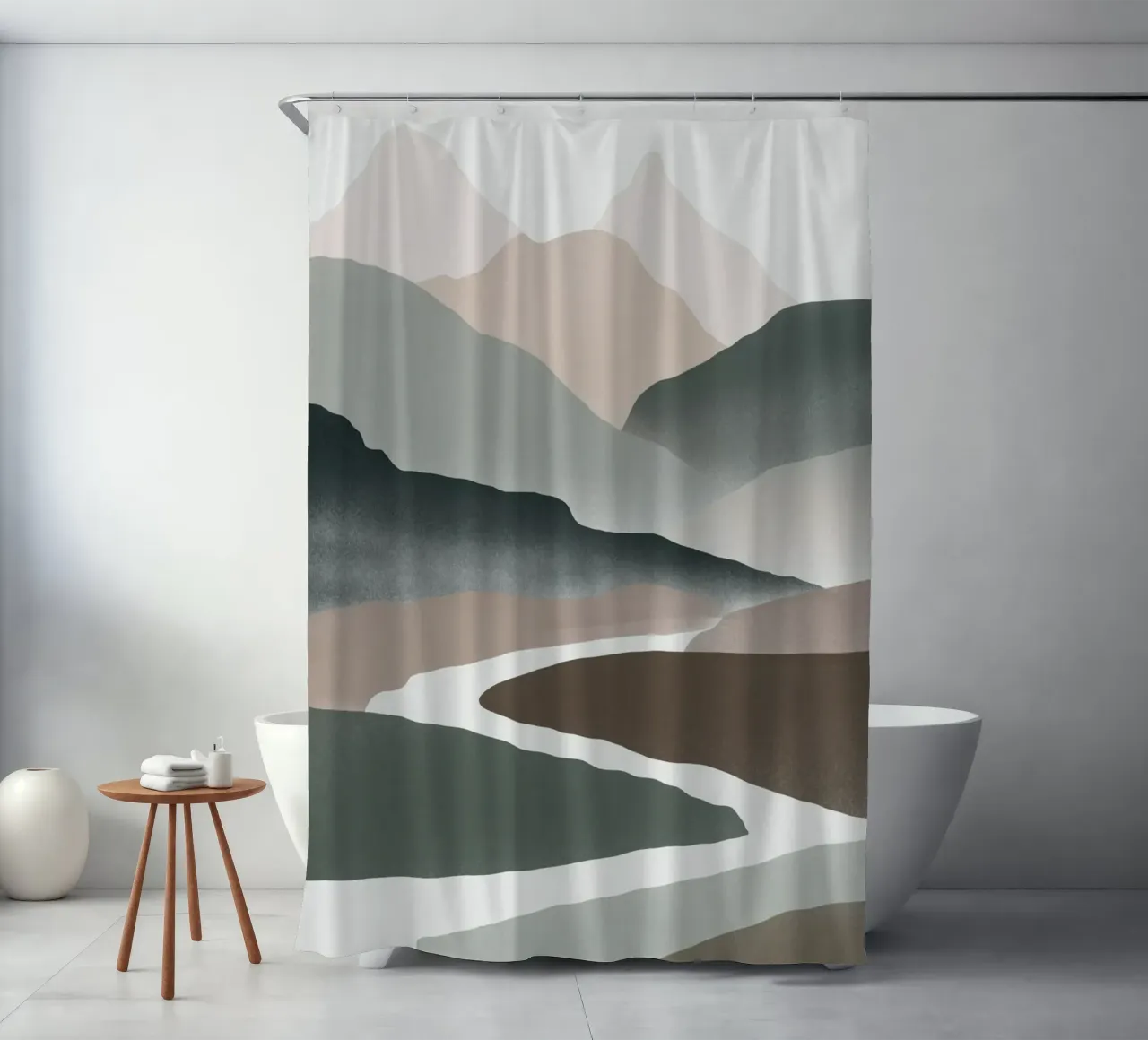Scandinavian muted color mountain range 02 shower curtain by Little Dean