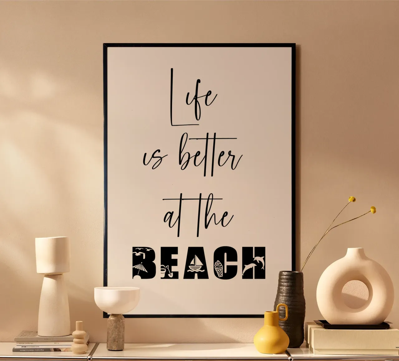 Life Is Better At The Beach Funny Summer poster with plastic frame by Shark Printables