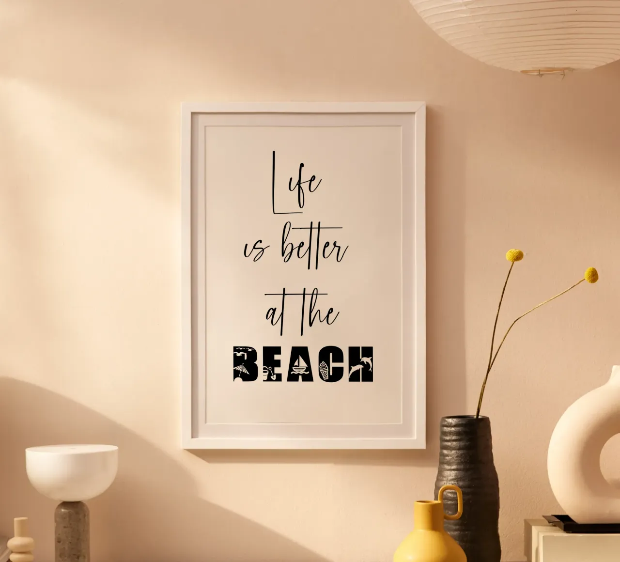 Life Is Better At The Beach Funny Summer poster with plastic frame by Shark Printables