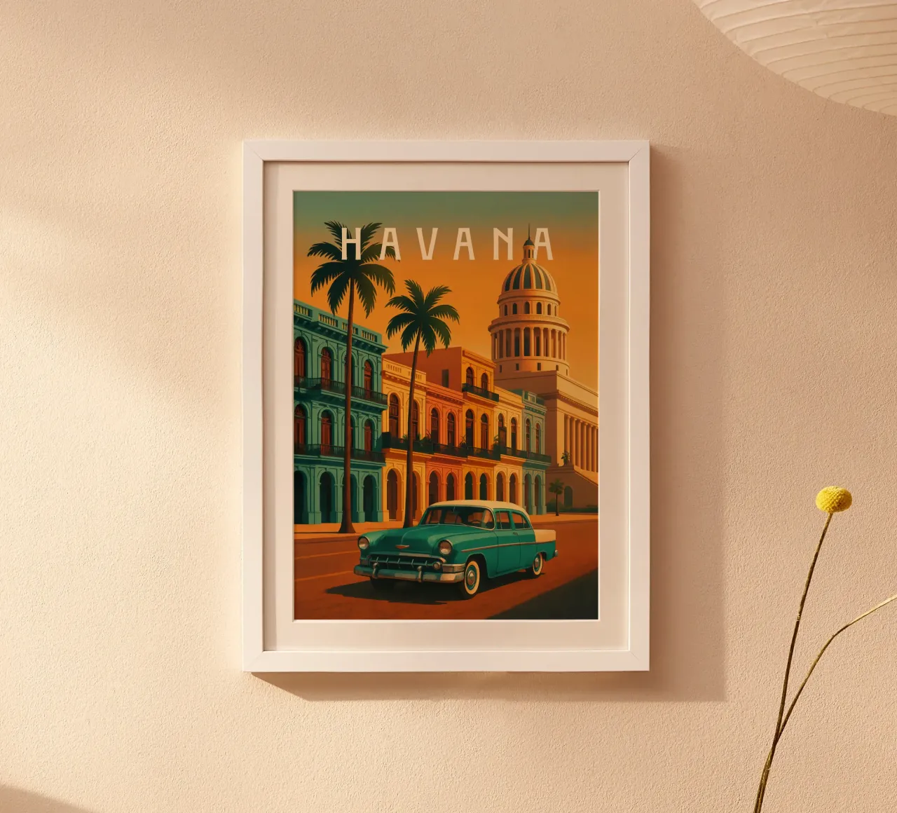 Poster di viaggio dell'Avana - Auto d'epoca e strade al tramonto poster con telaio in alluminio da Wanderlust