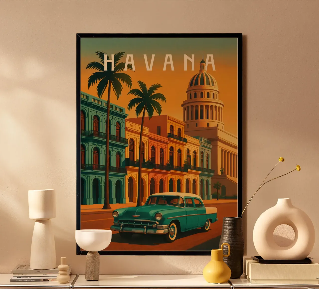 Poster di viaggio dell'Avana - Auto d'epoca e strade al tramonto poster con telaio in alluminio da Wanderlust