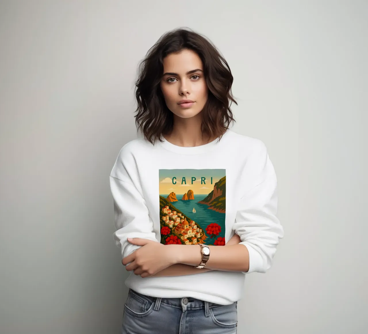 Affiche de voyage Capri - Vue de l'île colorée de la côte amalfitaine sweat de Wanderlust