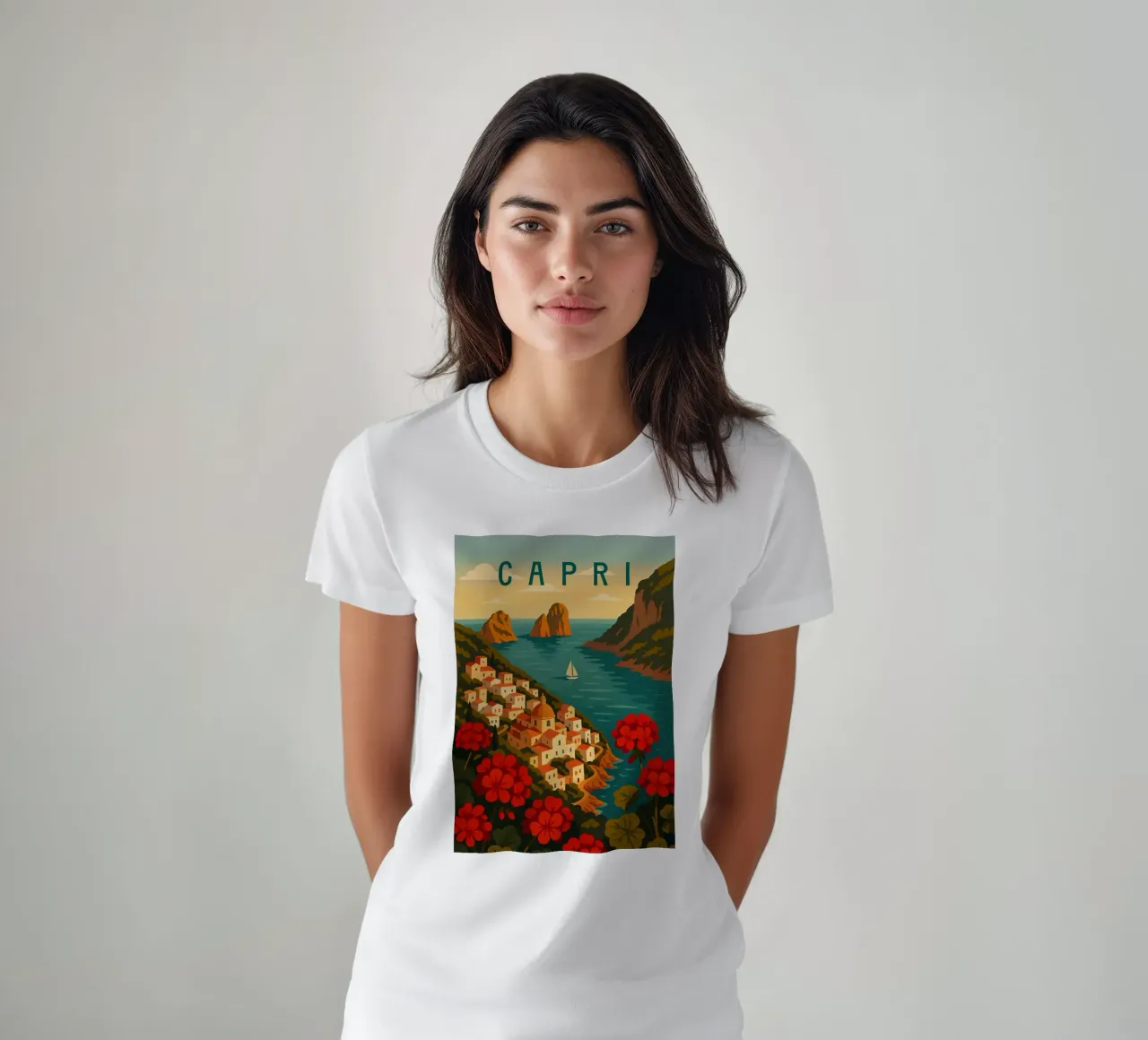 Affiche de voyage Capri - Vue de l'île colorée de la côte amalfitaine t-shirt de Wanderlust