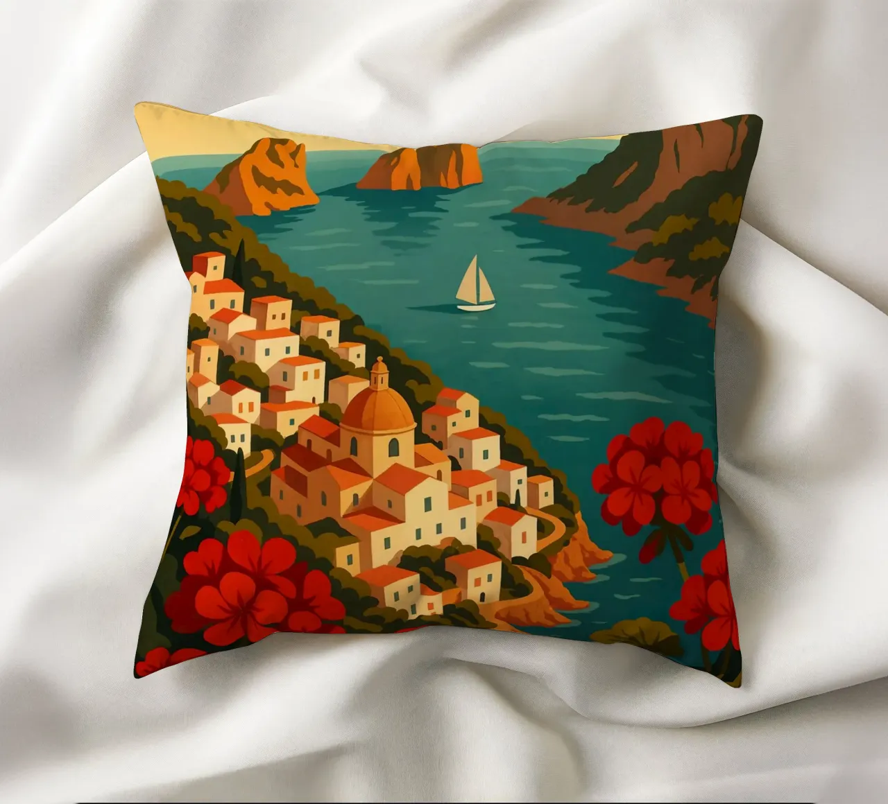 Affiche de voyage Capri - Vue de l'île colorée de la côte amalfitaine coussin de Wanderlust