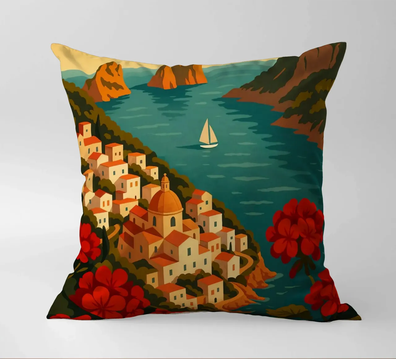 Affiche de voyage Capri - Vue de l'île colorée de la côte amalfitaine coussin de Wanderlust