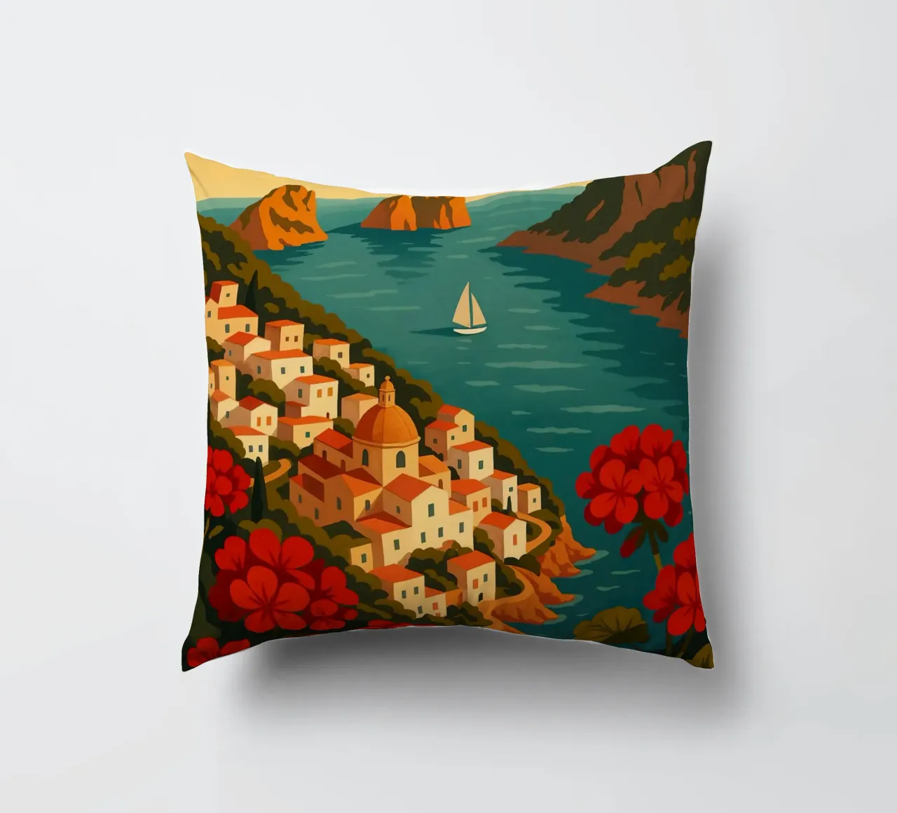 Affiche de voyage Capri - Vue de l'île colorée de la côte amalfitaine coussin de Wanderlust