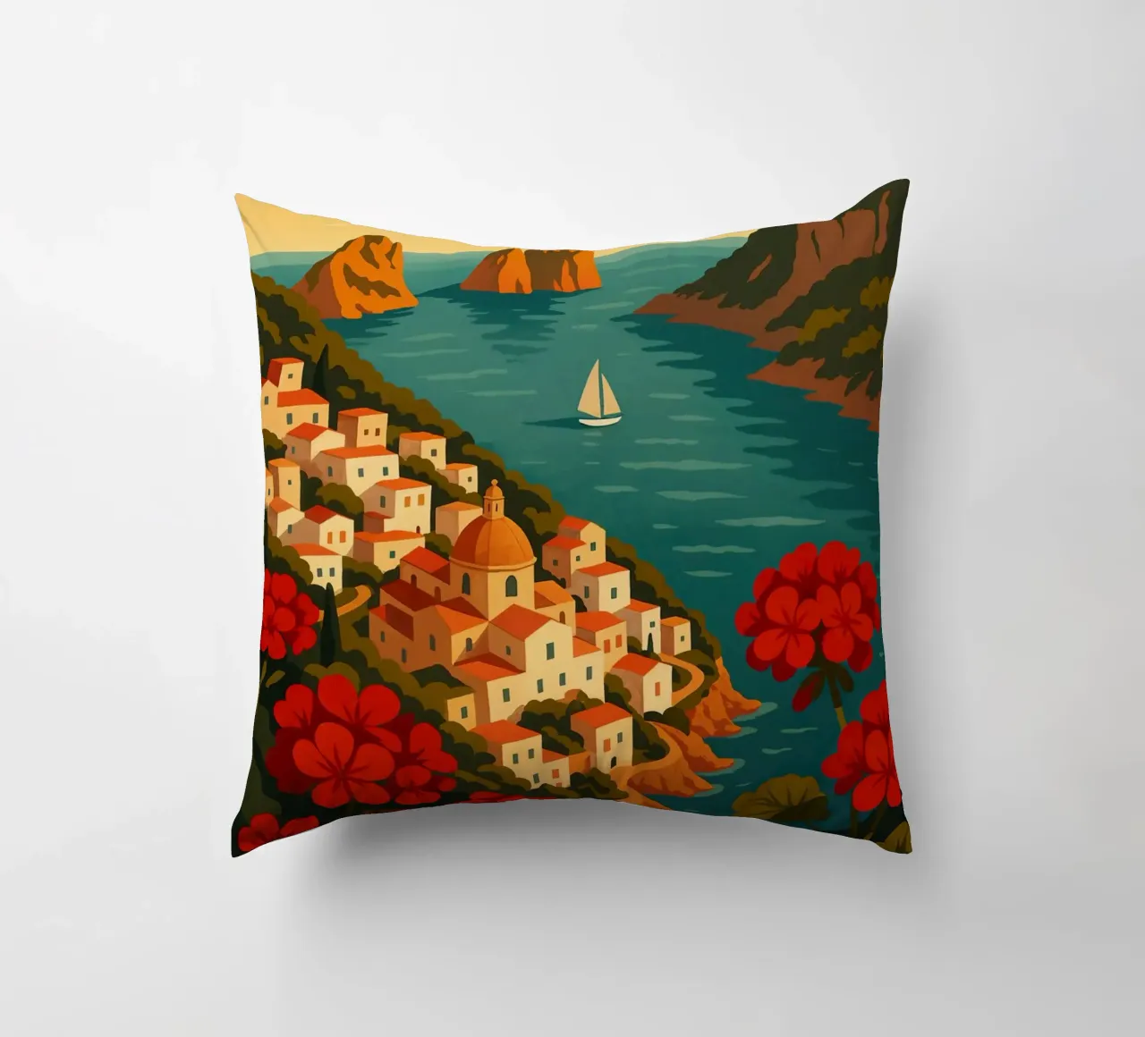 Affiche de voyage Capri - Vue de l'île colorée de la côte amalfitaine coussin de Wanderlust