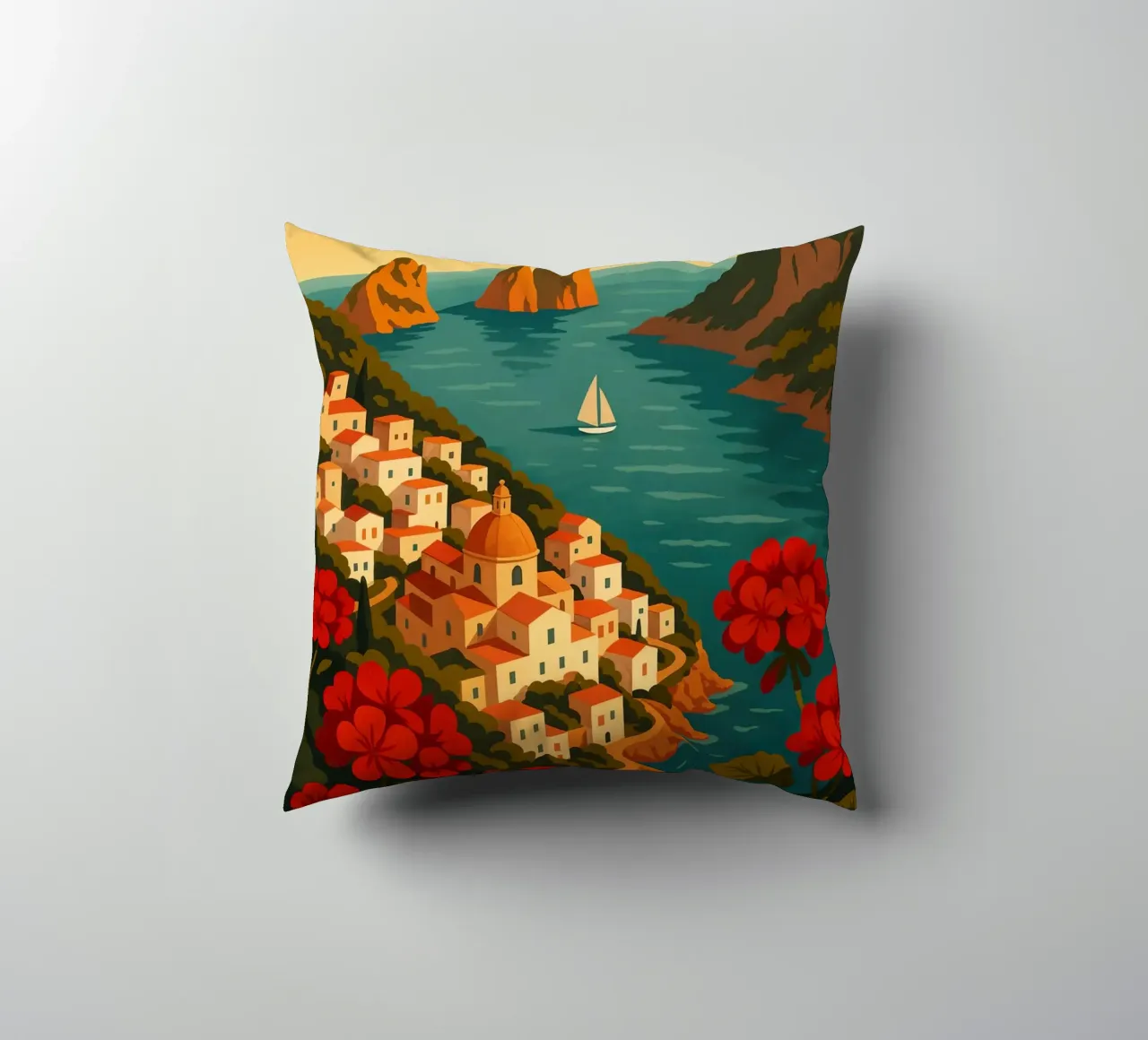 Affiche de voyage Capri - Vue de l'île colorée de la côte amalfitaine coussin de Wanderlust