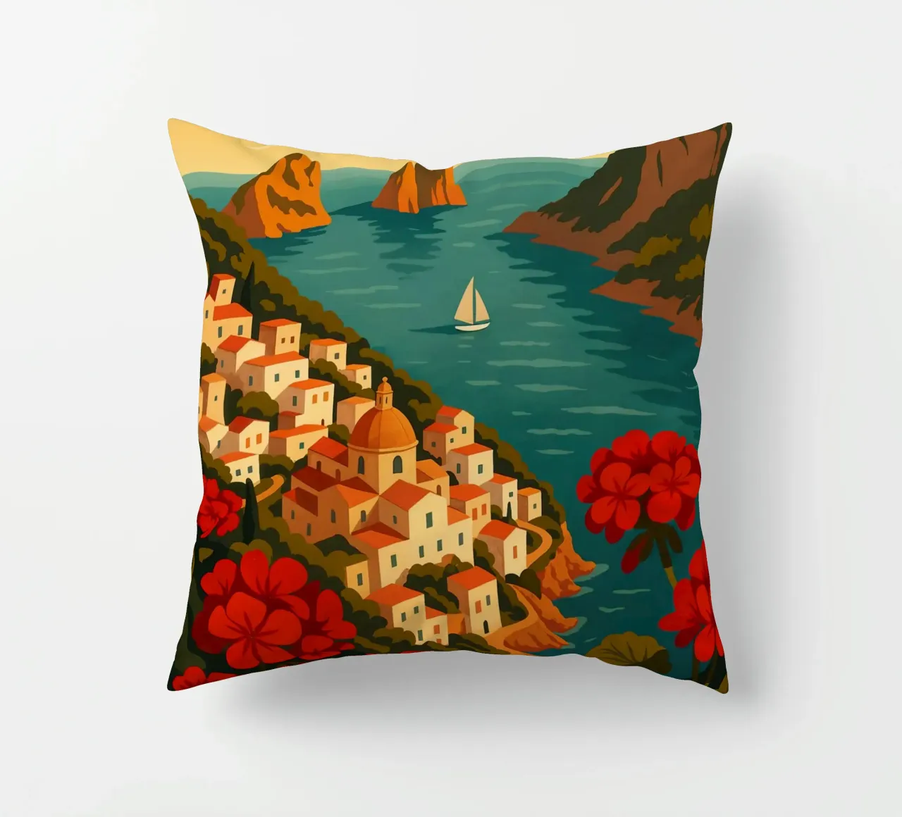 Affiche de voyage Capri - Vue de l'île colorée de la côte amalfitaine coussin de Wanderlust