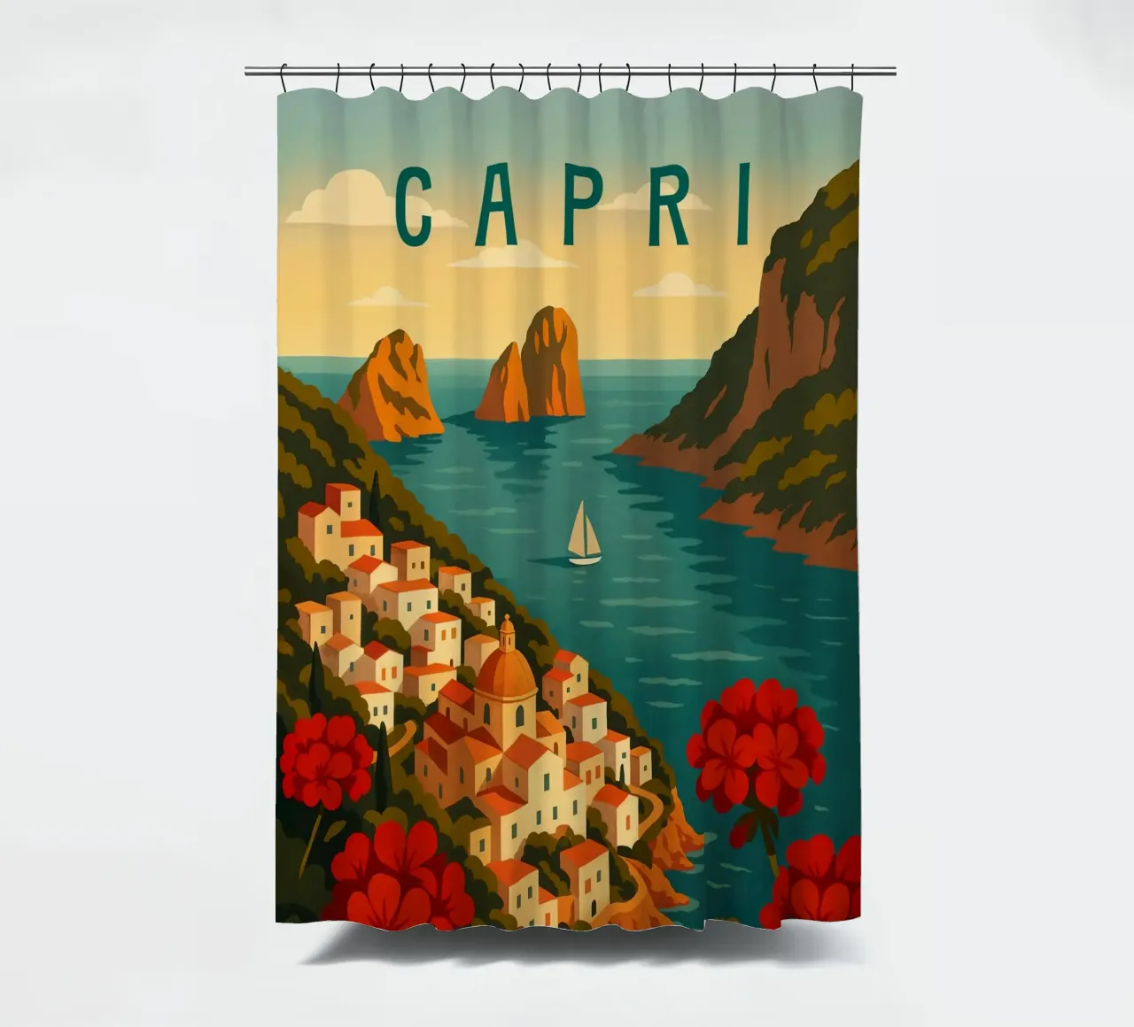 Capri Travel Poster – Colorful Amalfi Coast Island View shower curtain by Wanderlust