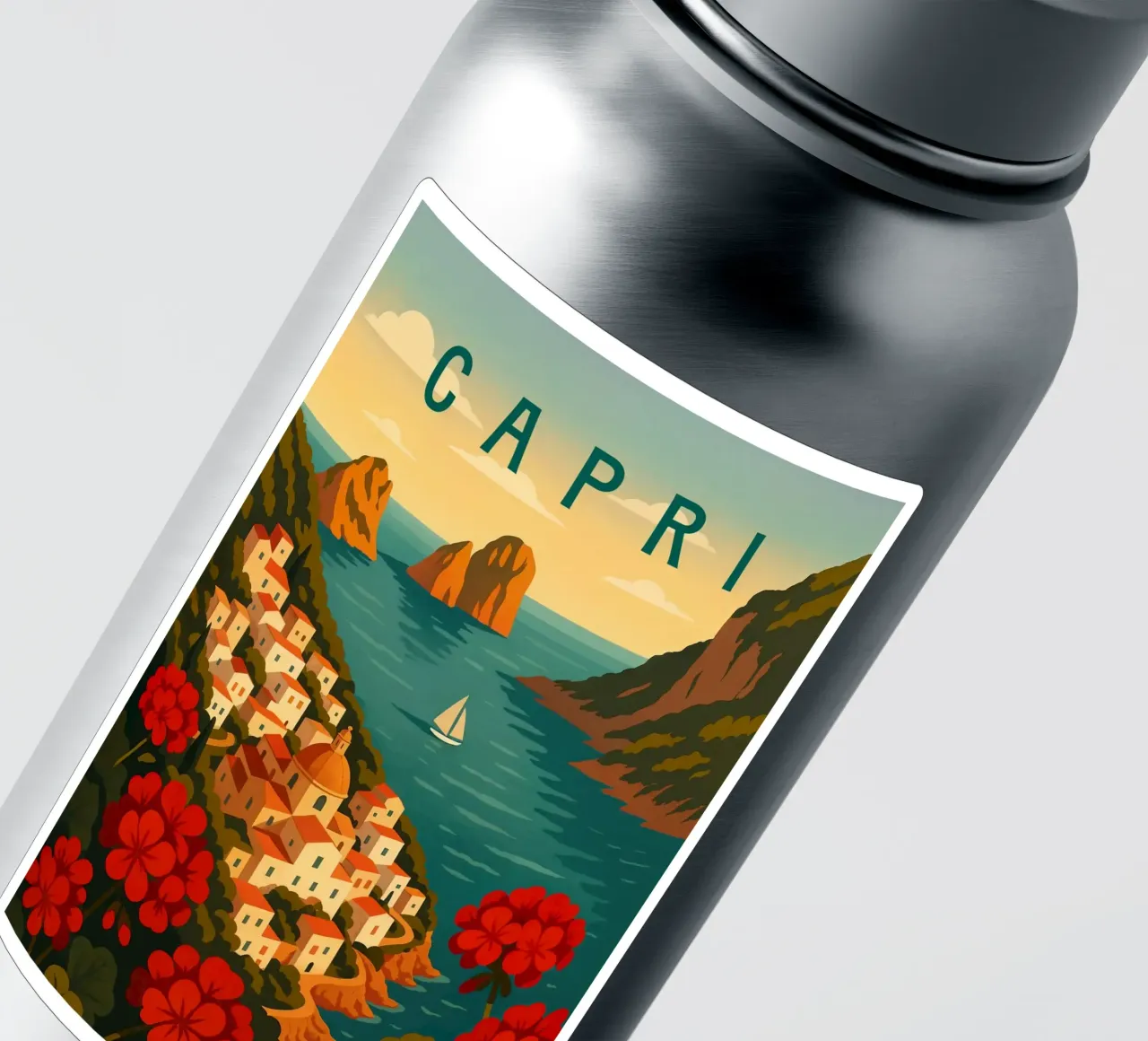 Affiche de voyage Capri - Vue de l'île colorée de la côte amalfitaine autocollant de Wanderlust