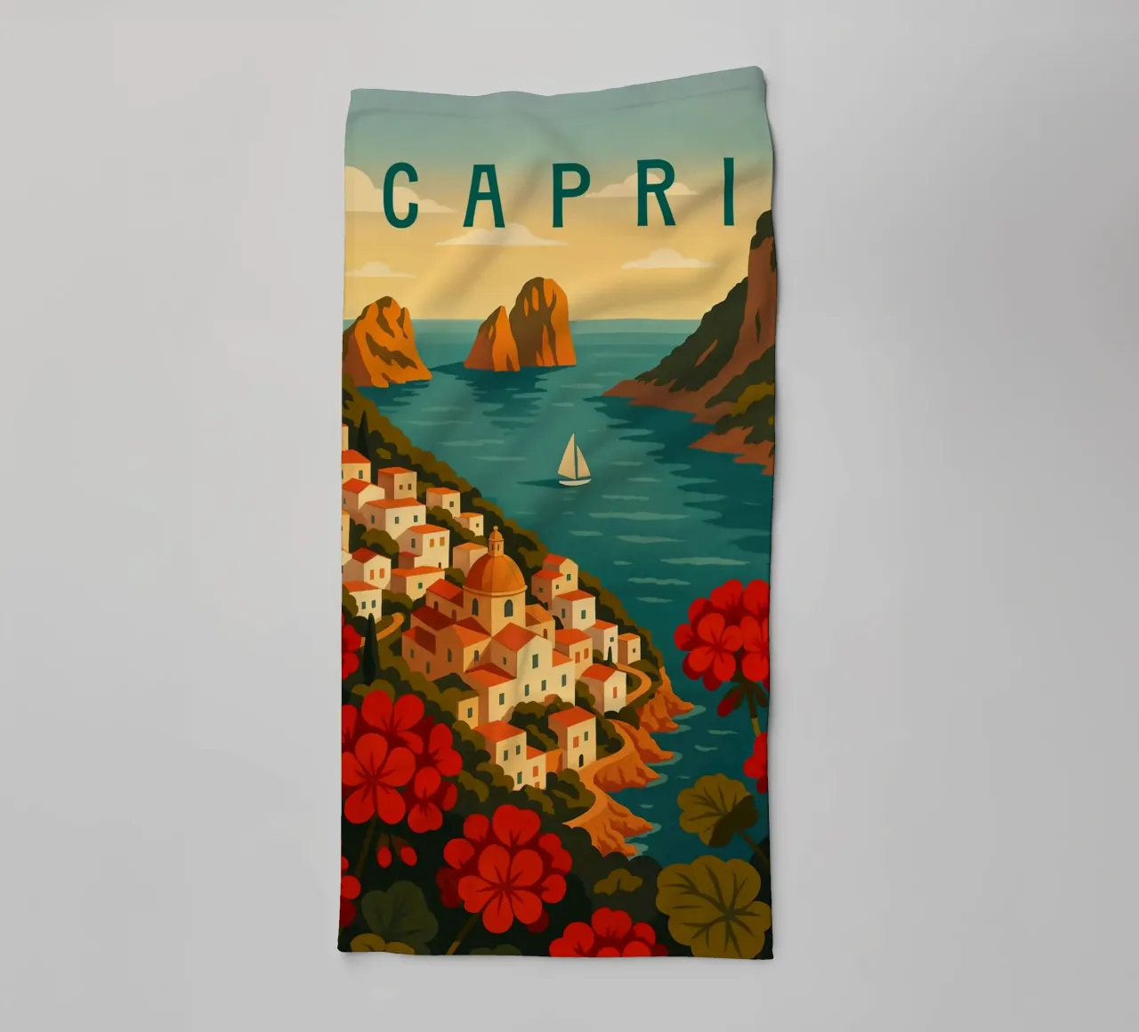 Affiche de voyage Capri - Vue de l'île colorée de la côte amalfitaine serviette de bain de Wanderlust