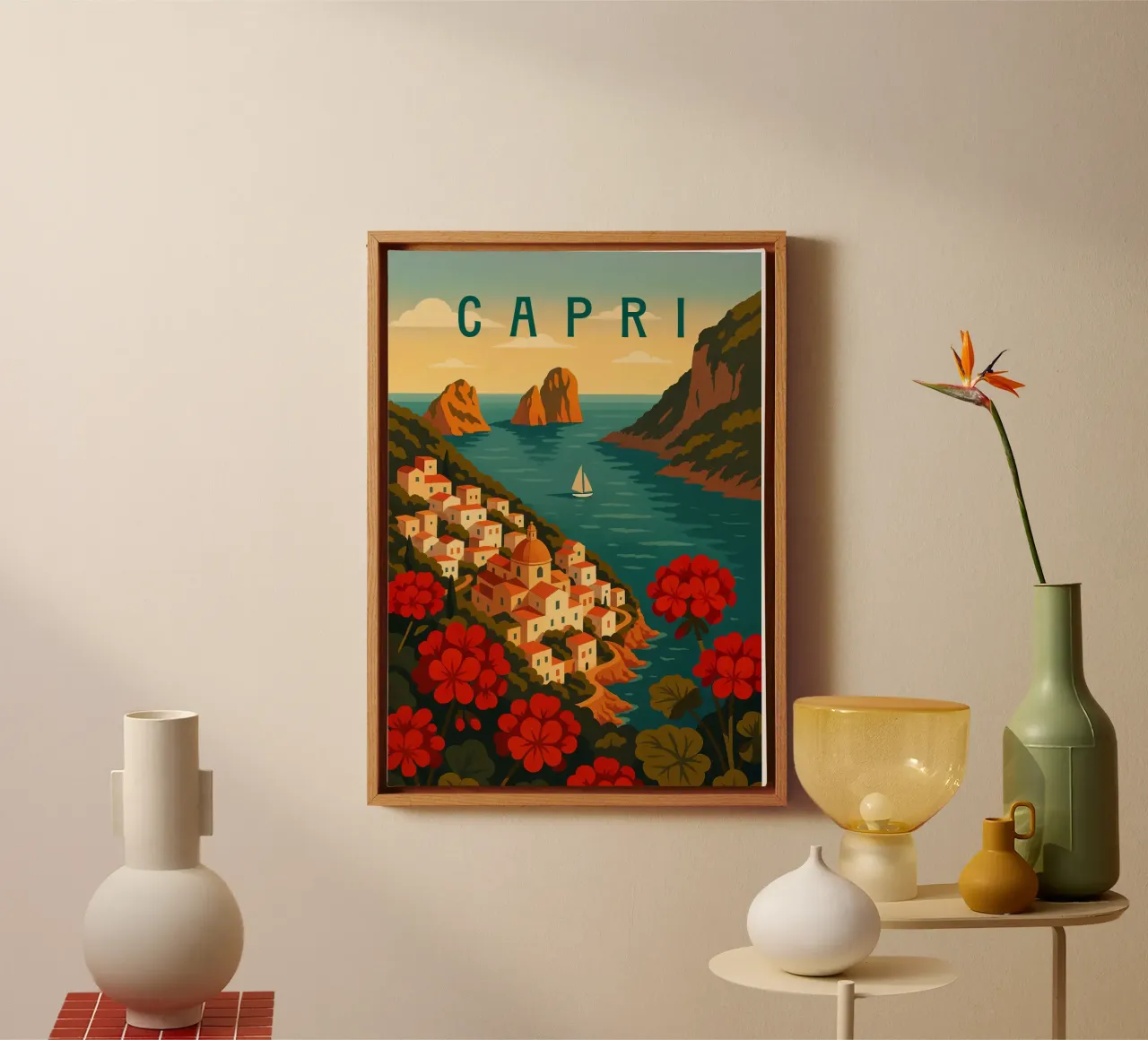 Capri Reisposter - Kleurrijke Uitzicht op het eiland Amalfikust canvas met Baklijst van Wanderlust