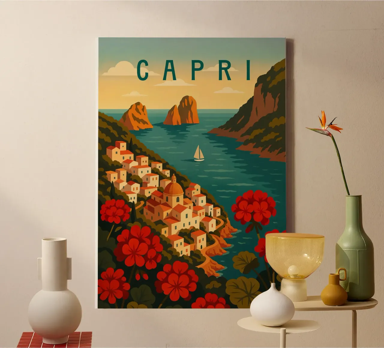 Capri Reisposter - Kleurrijke Uitzicht op het eiland Amalfikust canvas met Baklijst van Wanderlust