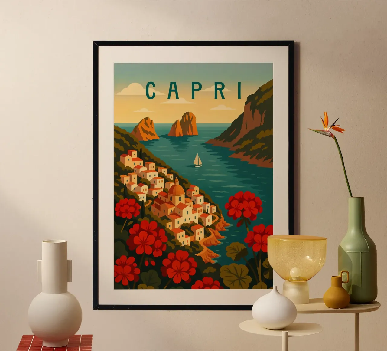 Affiche de voyage Capri - Vue de l'île colorée de la côte amalfitaine hahnemühle de Wanderlust