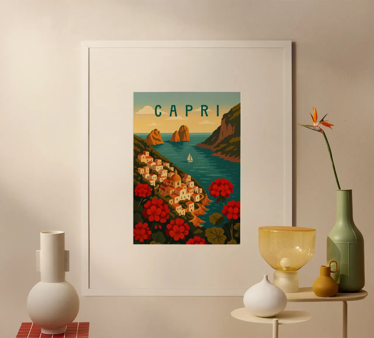 Affiche de voyage Capri - Vue de l'île colorée de la côte amalfitaine hahnemühle de Wanderlust