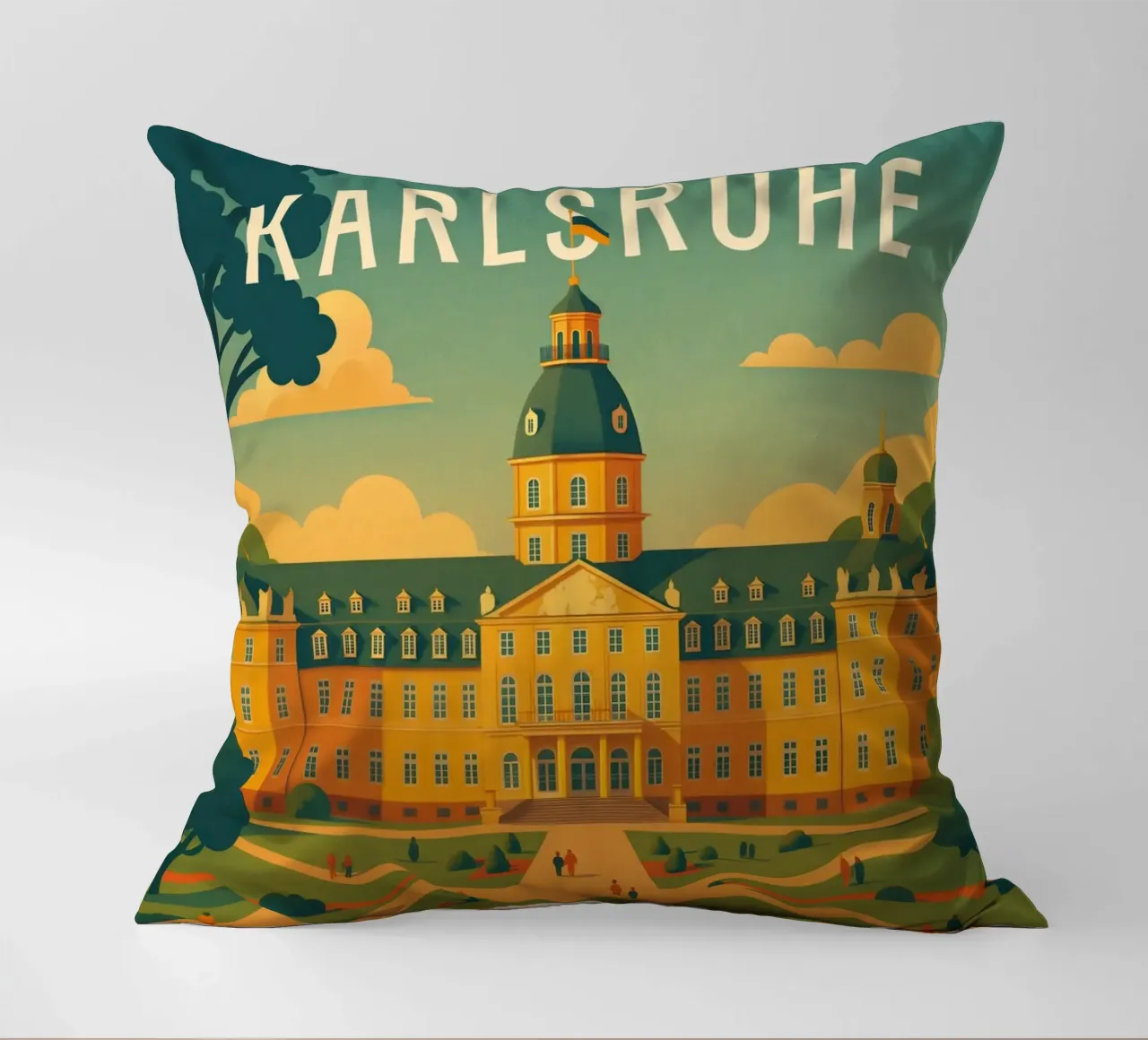 Poster di viaggio di Karlsruhe - Palazzo e giardini barocchi cuscino da Wanderlust