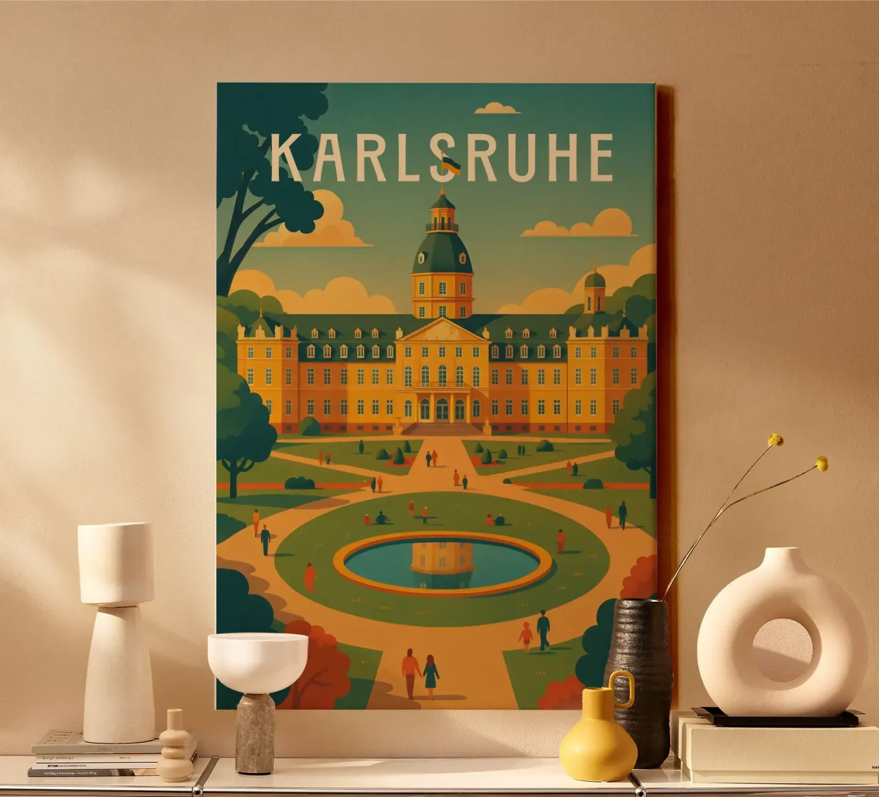 Poster di viaggio di Karlsruhe - Palazzo e giardini barocchi tela con Cornice a cassetta da Wanderlust