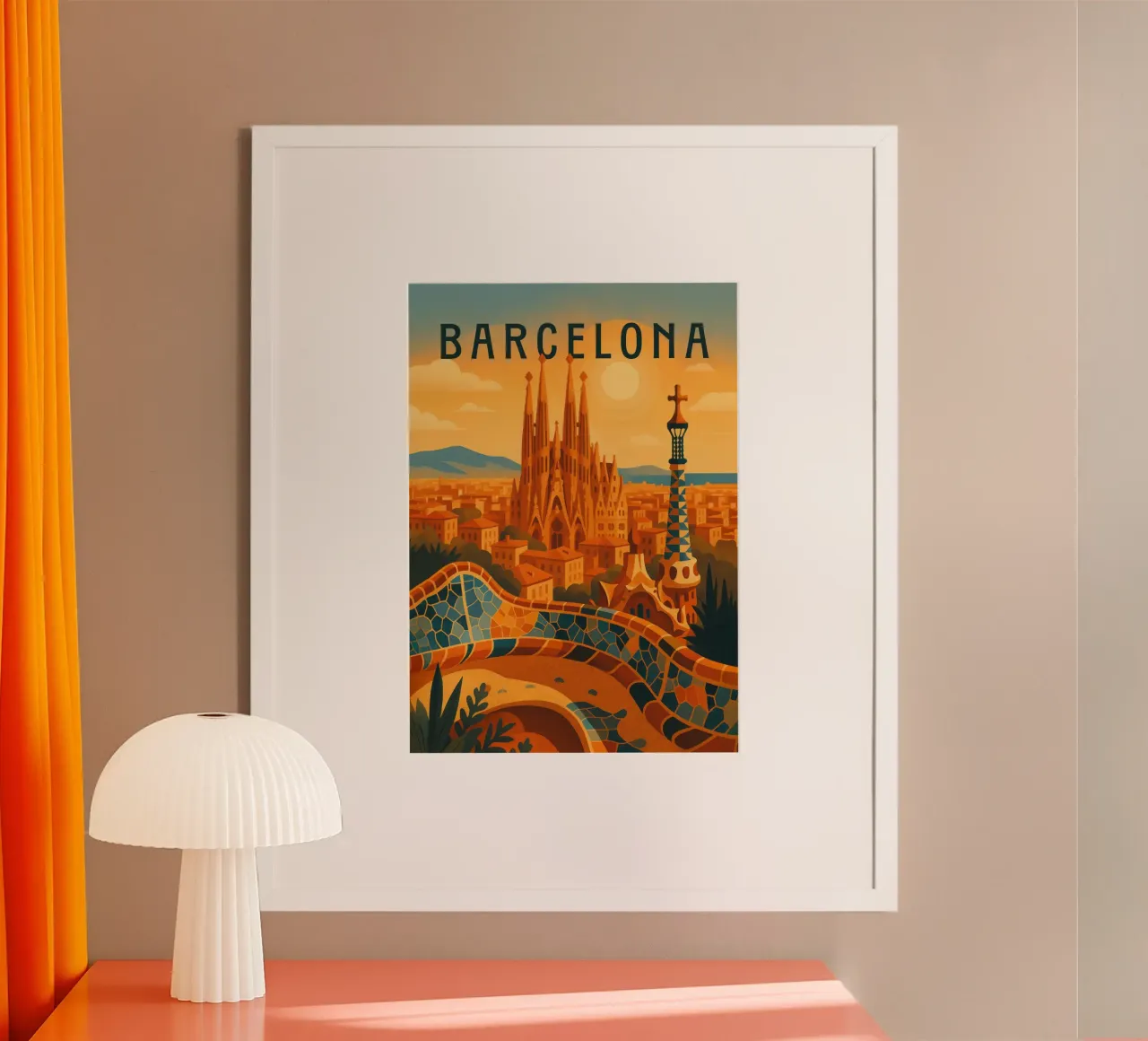 Poster di viaggio di Barcellona - Gaudí e il mosaico colorato della città poster con telaio in plastica da Wanderlust