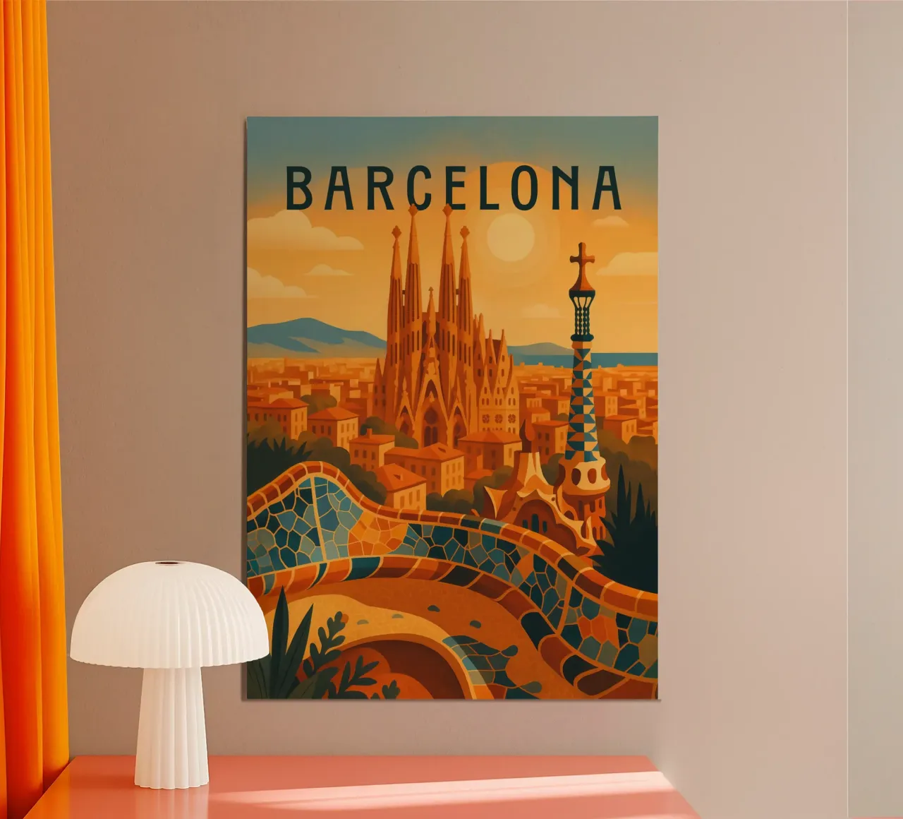 Poster di viaggio di Barcellona - Gaudí e il mosaico colorato della città poster con telaio in plastica da Wanderlust