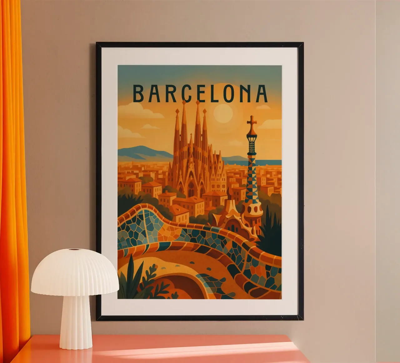 Poster di viaggio di Barcellona - Gaudí e il mosaico colorato della città poster con telaio in plastica da Wanderlust