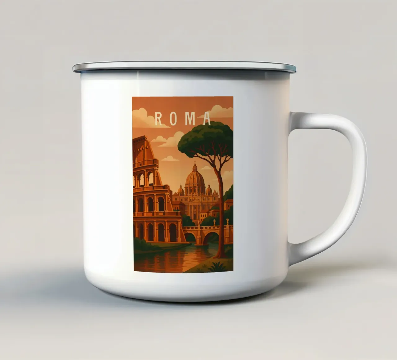 Reisposter Rome - Colosseum en Vaticaan bij zonsondergang emaille mok van Wanderlust