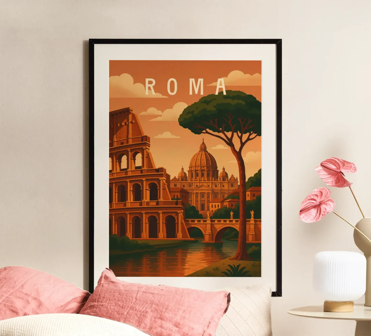 Poster di viaggio su Roma - Colosseo e Vaticano al tramonto poster con telaio in plastica da Wanderlust