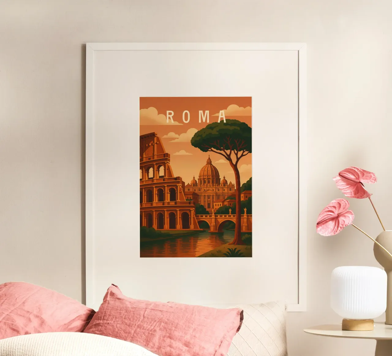 Poster di viaggio su Roma - Colosseo e Vaticano al tramonto poster con telaio in plastica da Wanderlust