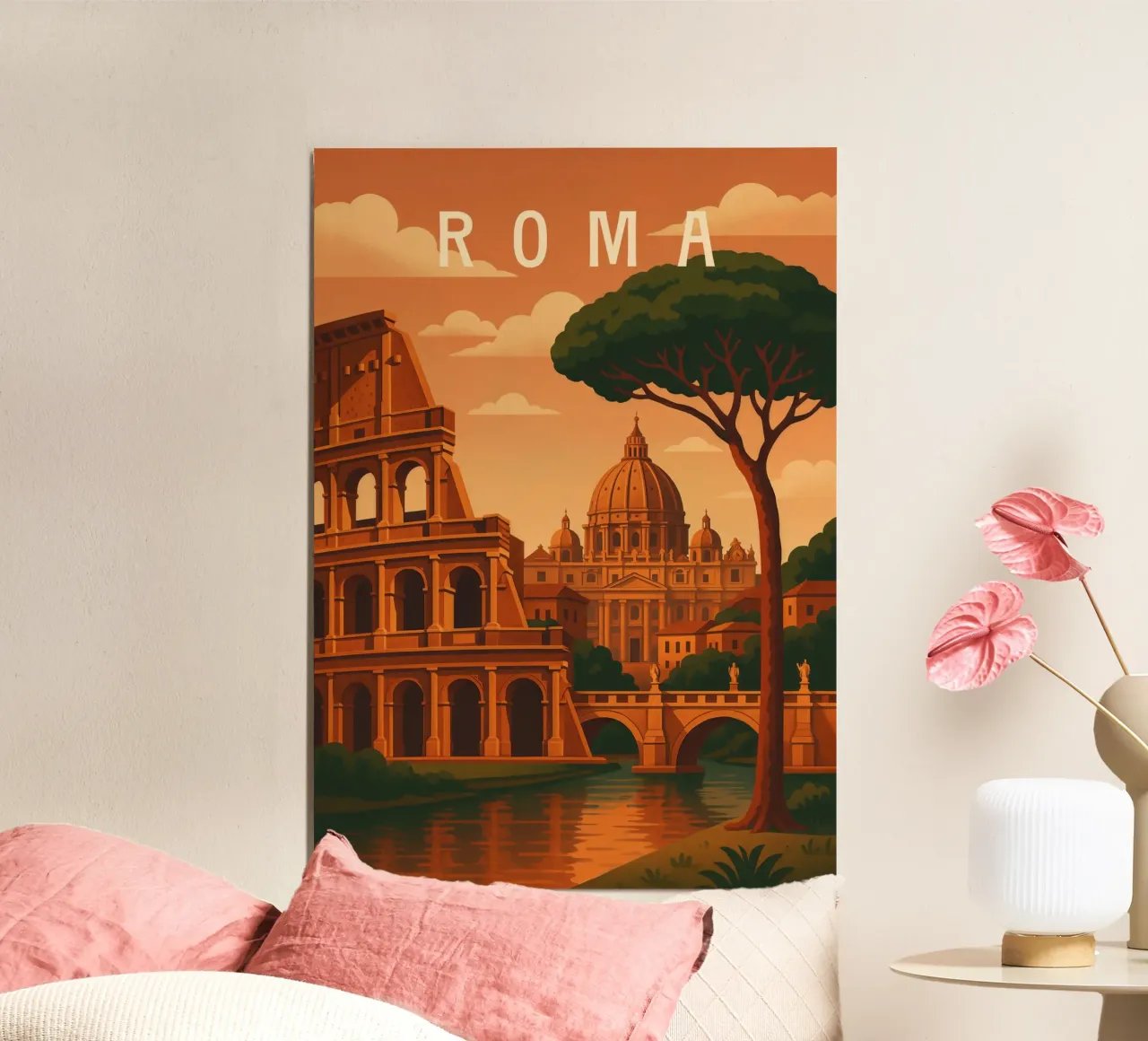 Poster di viaggio su Roma - Colosseo e Vaticano al tramonto poster con telaio in plastica da Wanderlust