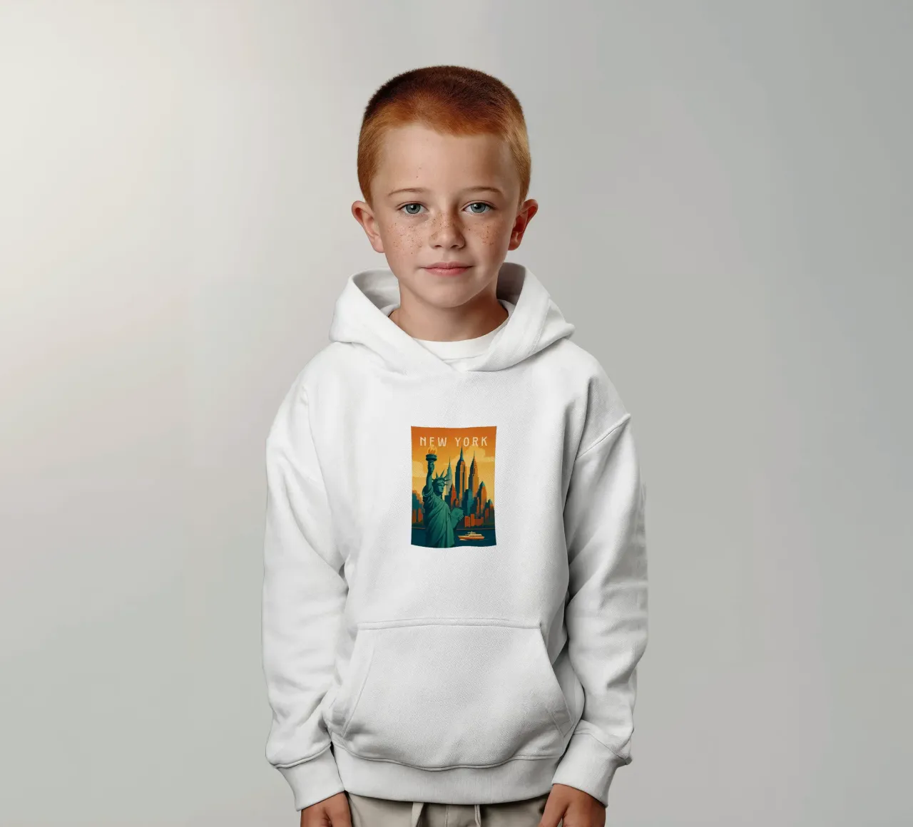 Poster di viaggio di New York - Statua della Libertà e Skyline Sunse felpa bambino con cappuccio da Wanderlust