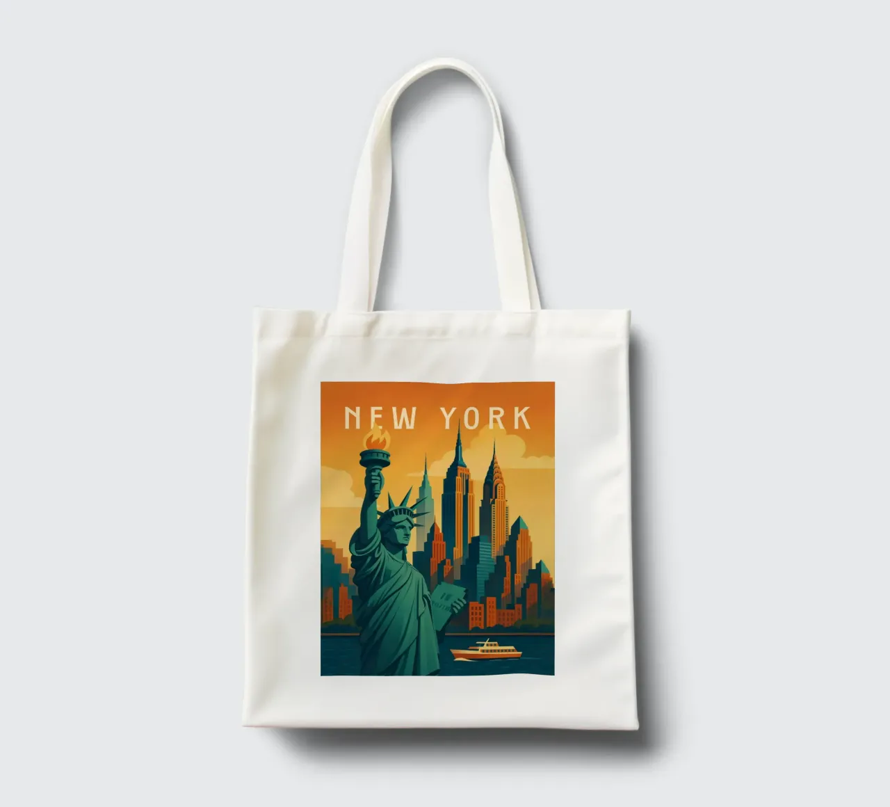 Poster di viaggio di New York - Statua della Libertà e Skyline Sunse borsa in juta da Wanderlust