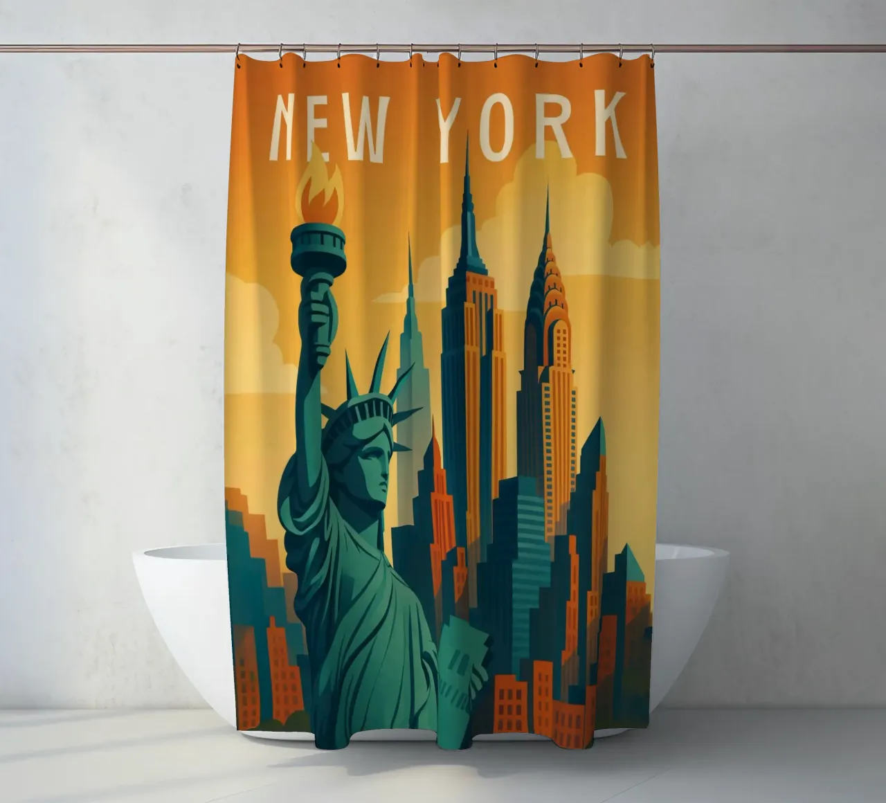 Poster di viaggio di New York - Statua della Libertà e Skyline Sunse tenda da doccia da Wanderlust