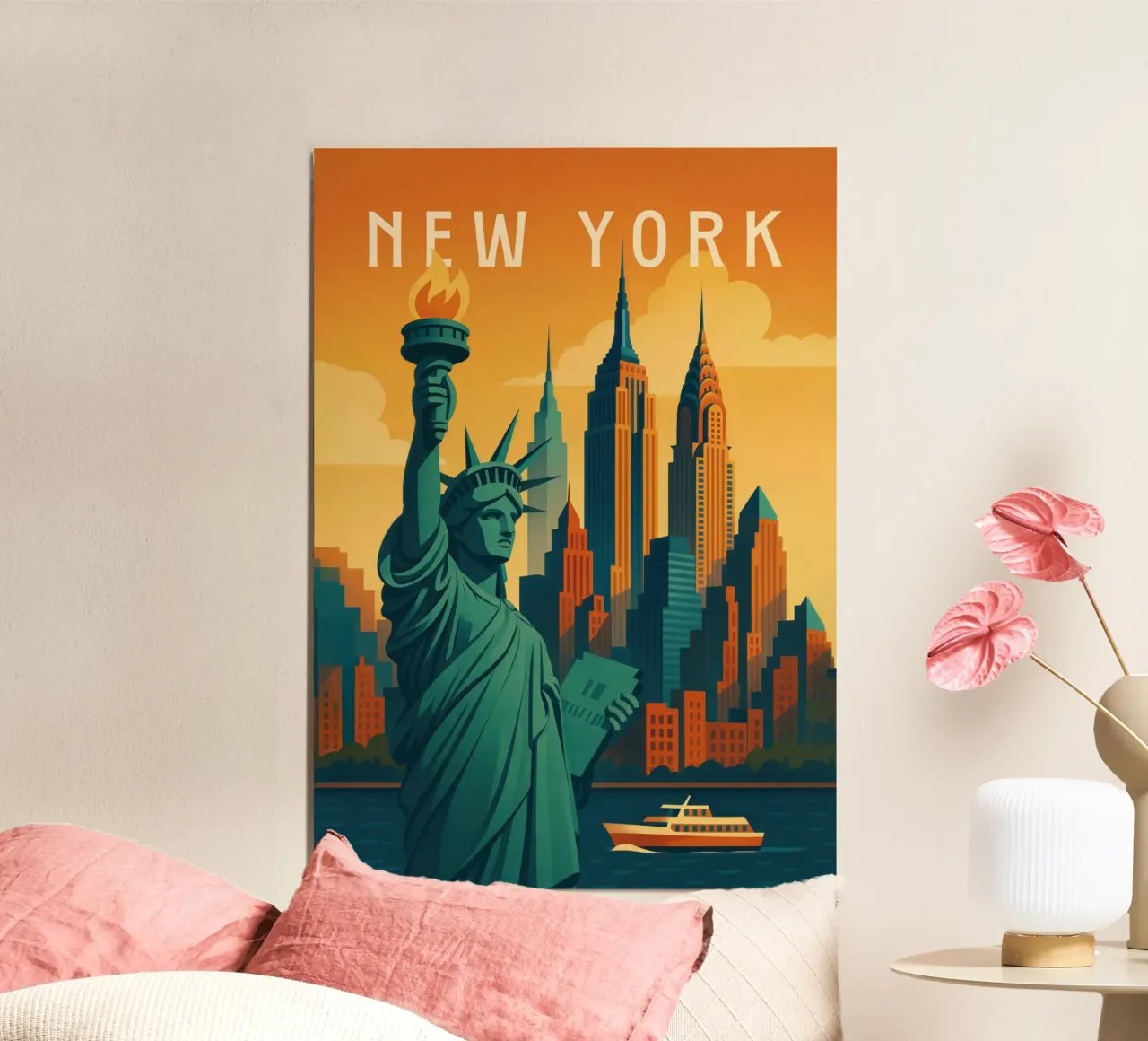 Poster di viaggio di New York - Statua della Libertà e Skyline Sunse poster con telaio in plastica da Wanderlust
