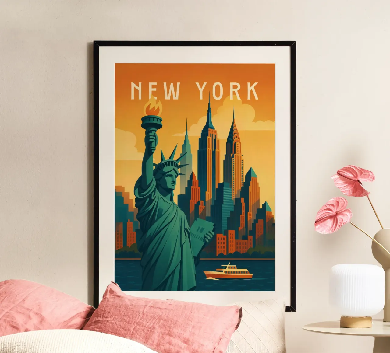 Poster di viaggio di New York - Statua della Libertà e Skyline Sunse poster con telaio in plastica da Wanderlust