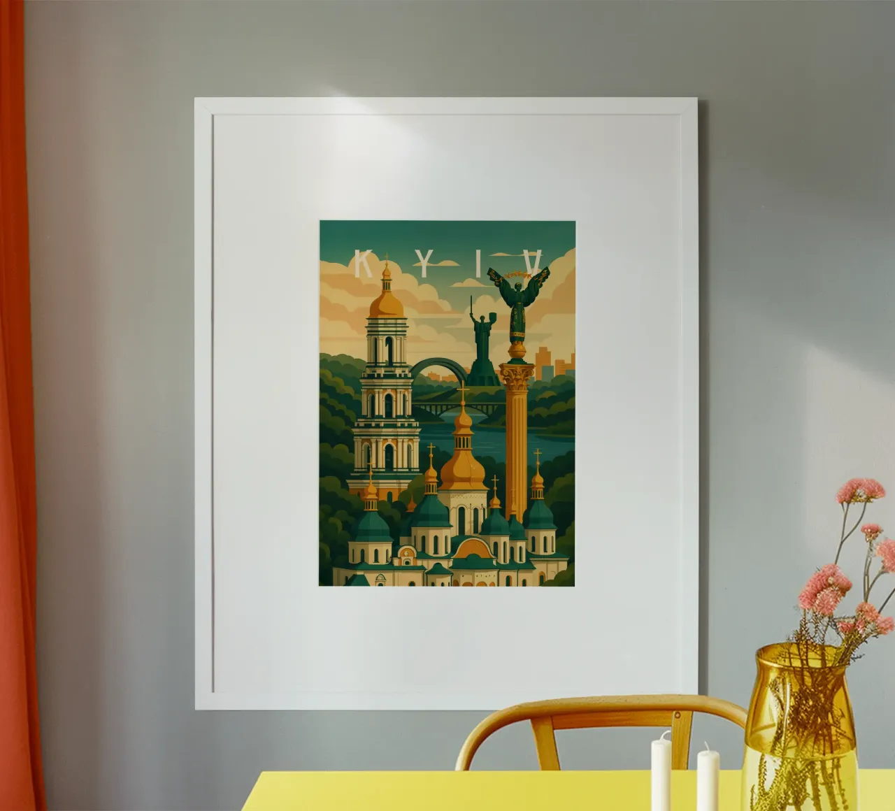 Poster di viaggio di Kiev Ucraina - Cupole d'oro e panorama di Dnipro poster con telaio in plastica da Wanderlust