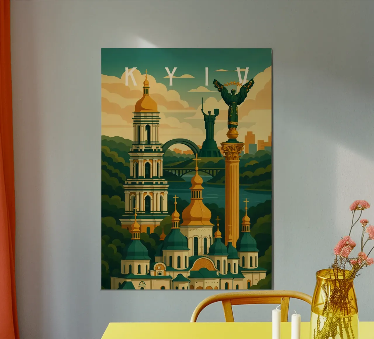Poster di viaggio di Kiev Ucraina - Cupole d'oro e panorama di Dnipro poster con telaio in plastica da Wanderlust