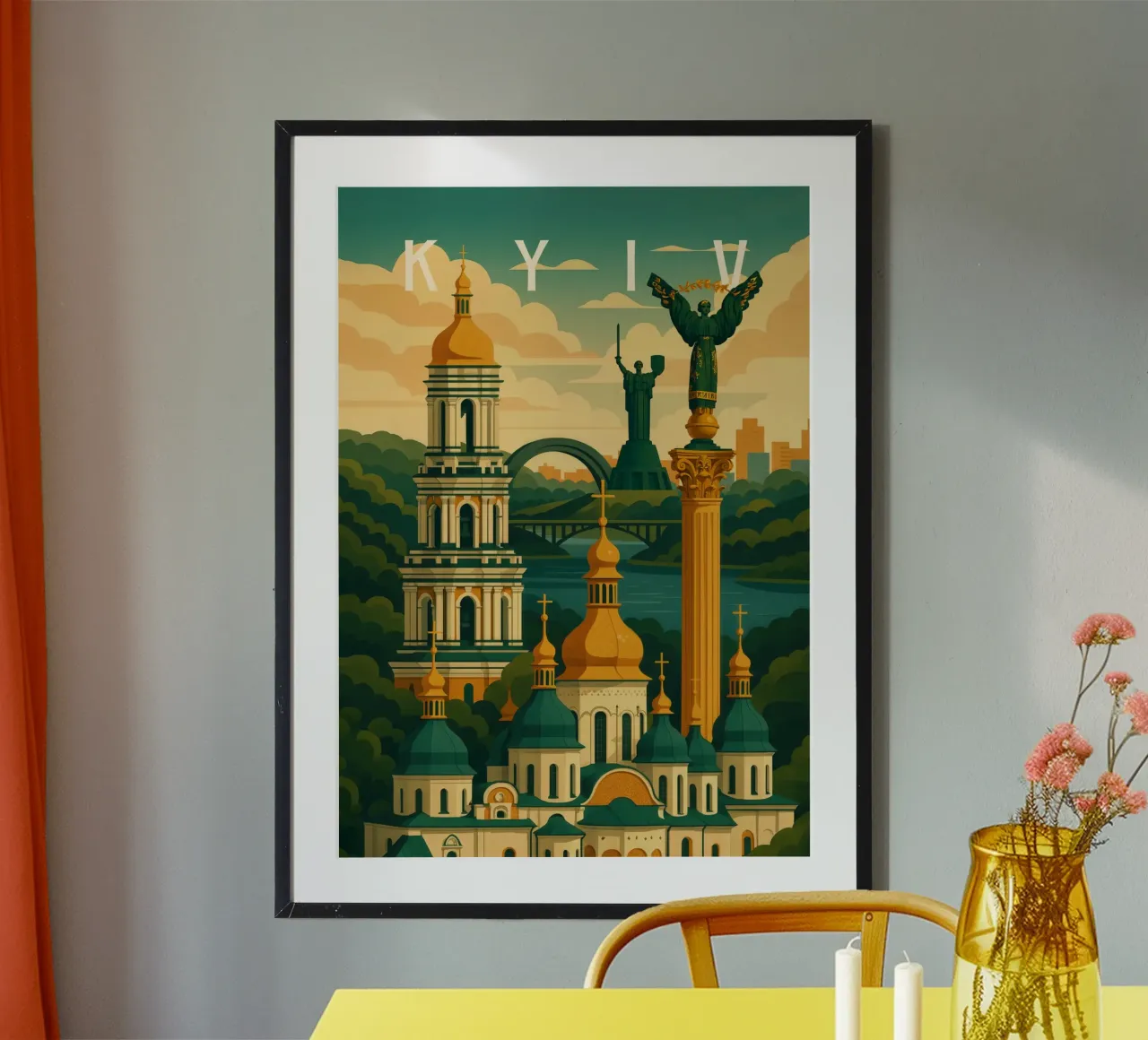 Poster di viaggio di Kiev Ucraina - Cupole d'oro e panorama di Dnipro poster con telaio in plastica da Wanderlust