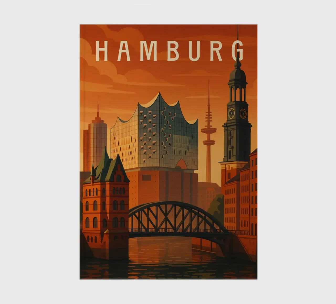 Hamburg Travel Poster Germany - Icônes du port, du coucher de soleil et de la ville carnet de notes de Wanderlust